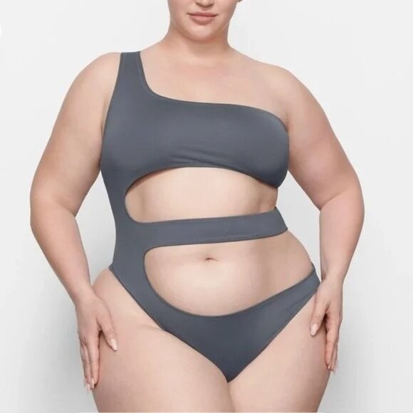 SKIMS Swim One Shoulder Monokini Gunmetal Womens Large - Picture 2 of 12